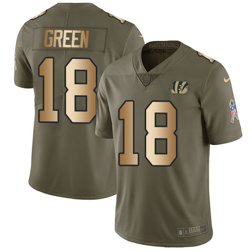 Nike Bengals #18 A.J. Green Olive/Gold Men's Stitched NFL Limited Salute To Service Jersey